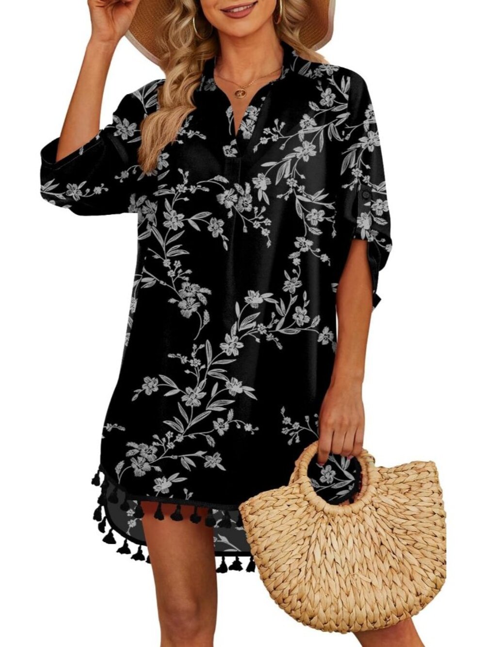 Women's White Flower Black Polyester Cover Up Tassel Swimsuit Beachwear Swimwear